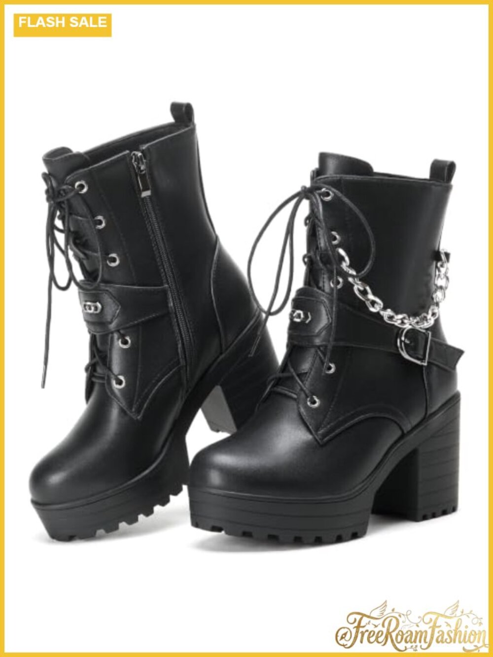 Gothic Platform Ankle Boots Block Heel Combat Booties Lace-Up